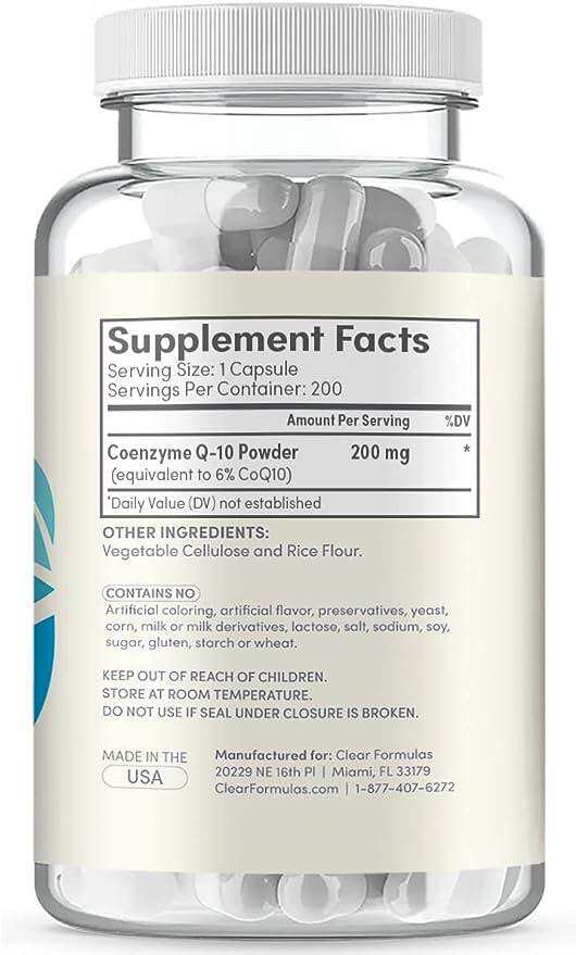 Clear Formulas CoQ10 200mg 200 Capsules Quick Absorption Non-GMO Expiration Date:April 2026.. 
