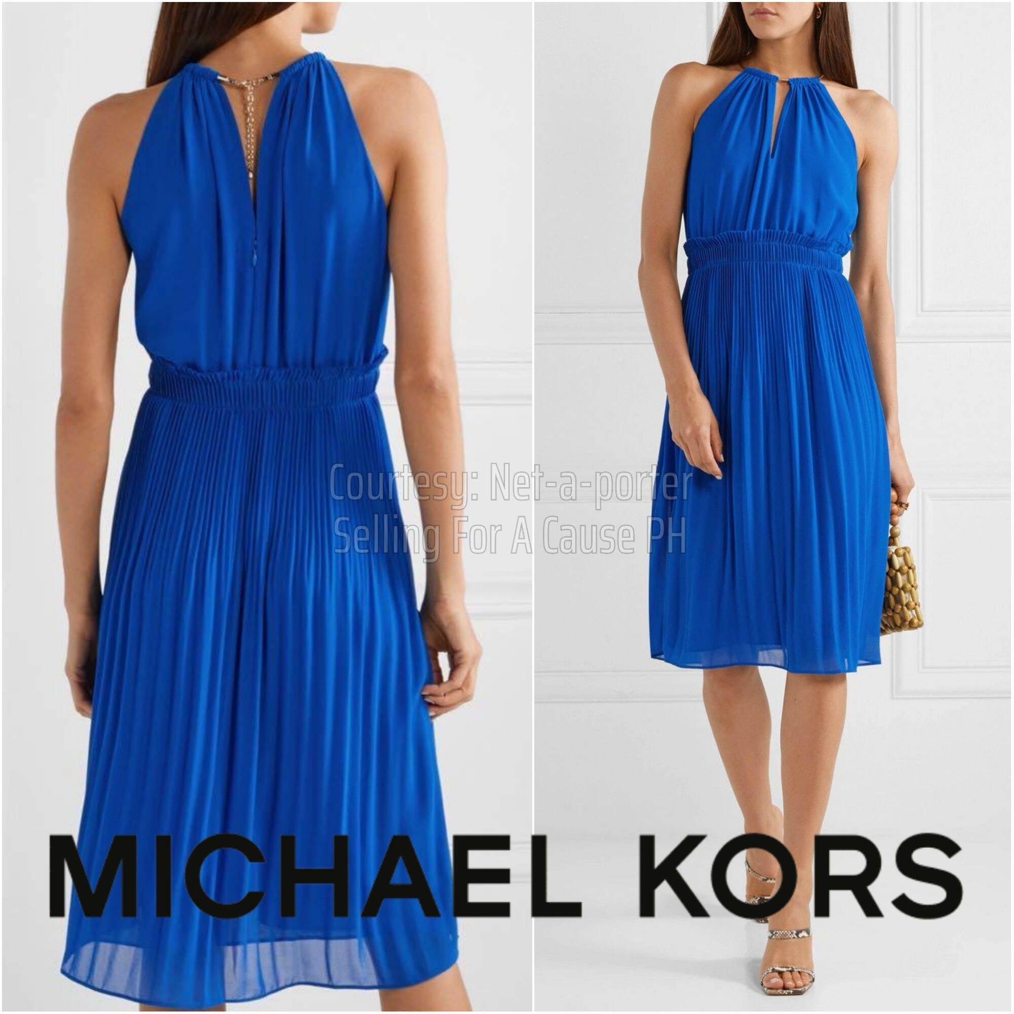 $381 2019 BNWT MICHAEL Michael Kors Hayden Chain-embellished Georgette  Pleated Halter Dress in Grecian Blue | Lazada PH