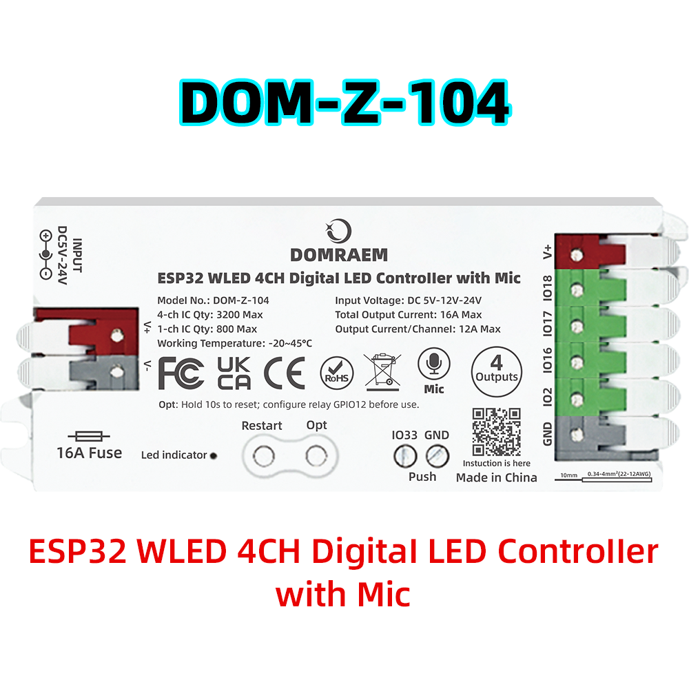 DOMRAEM ESP32 WLED Controller 4CH 16A Fuse Mic Sound Reactive Low Power HA Alexa Compatible WS281X SK6812 RGBIC LED Strip DIY