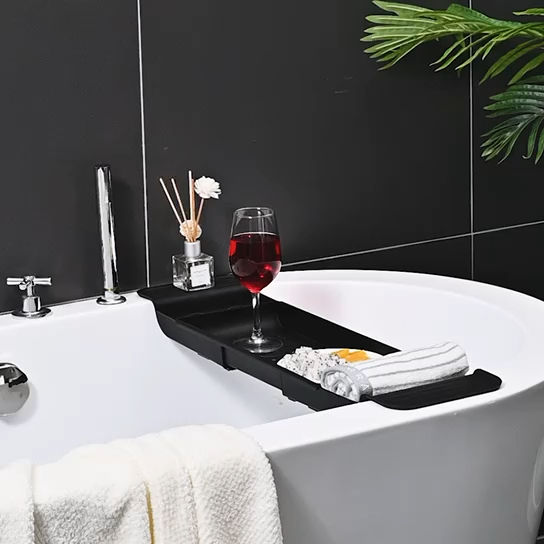 1PC Expandable Bath Shelf Caddy for Bathtubs, Plastic Shower and Bath Tub  Tray Bathroom Organizer Simple Stylish Bathtub Storage Rack for Candle  Towel, Book, Wine, Phone, Shower (Black)