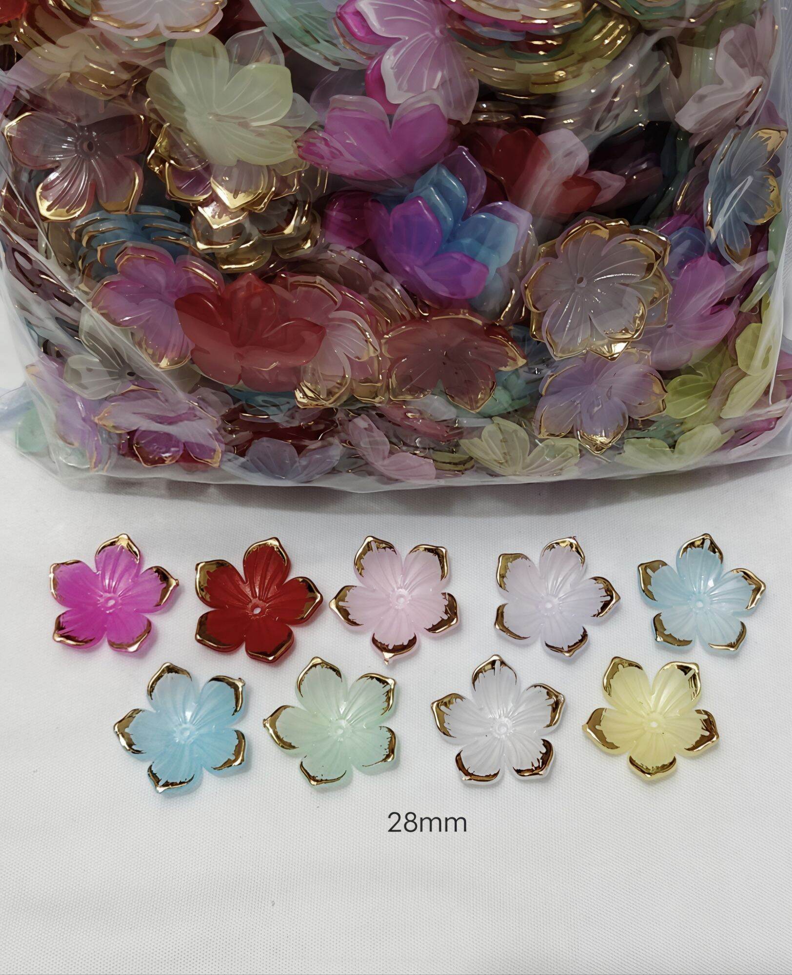 250grams (est.285pcs) Sakura Flower Resin Beads 28mm with Gold Acrylic Flower Charms for Jewelry Making Bracelets Necklaces Earrings DIY Crafts