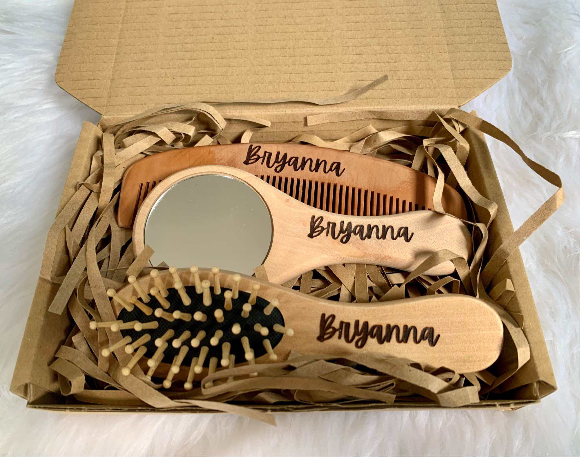 Personalized Wooden Hair Brush, Comb, and Mirror