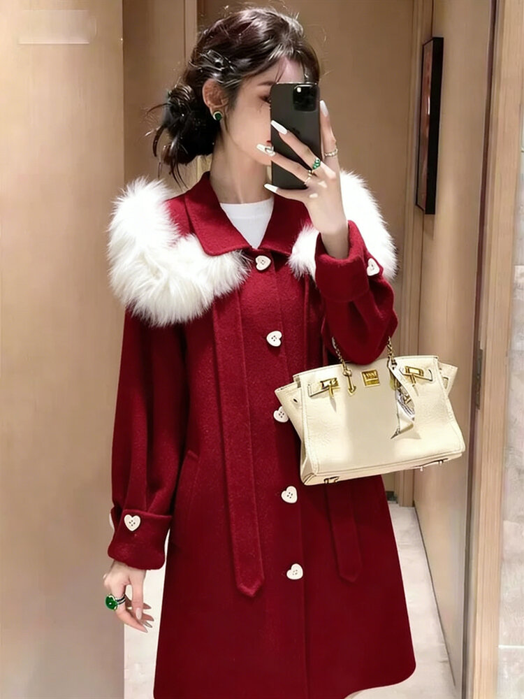 PAIBOLI | Red Wool Coat Female Mid-Length Fake Fox Fur Waist-Tie Bathrobe Style Presyo 8,406 Piso*Libreng Shipping