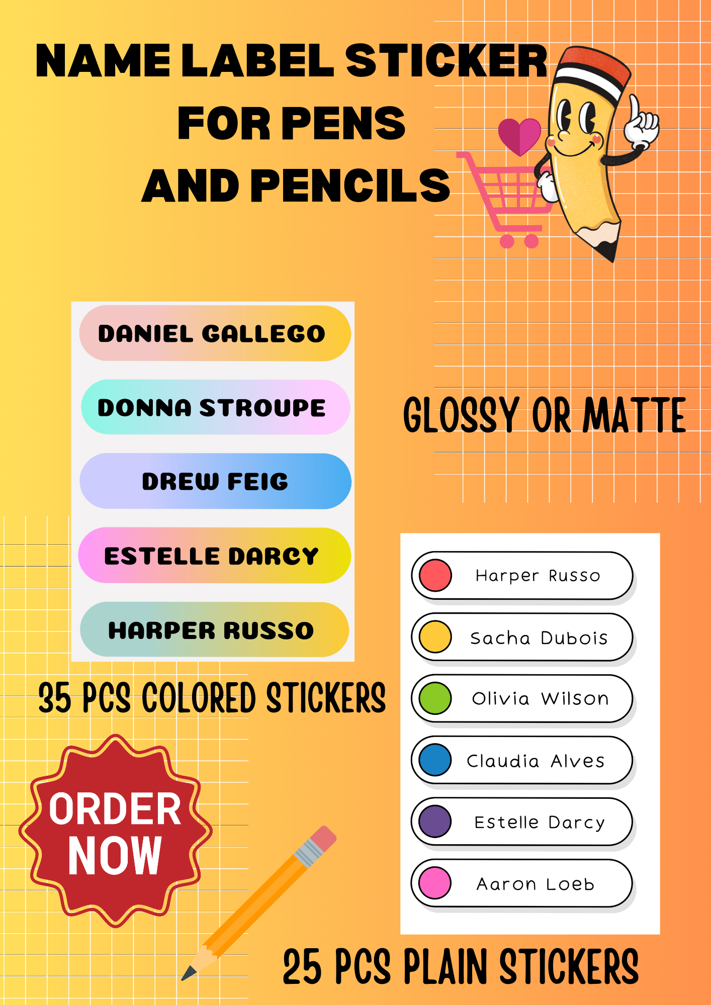 NAME STICKER LABELS FOR PENS AND PENCILS,A4SHEET,SCHOOL SUPPLIES LABEL