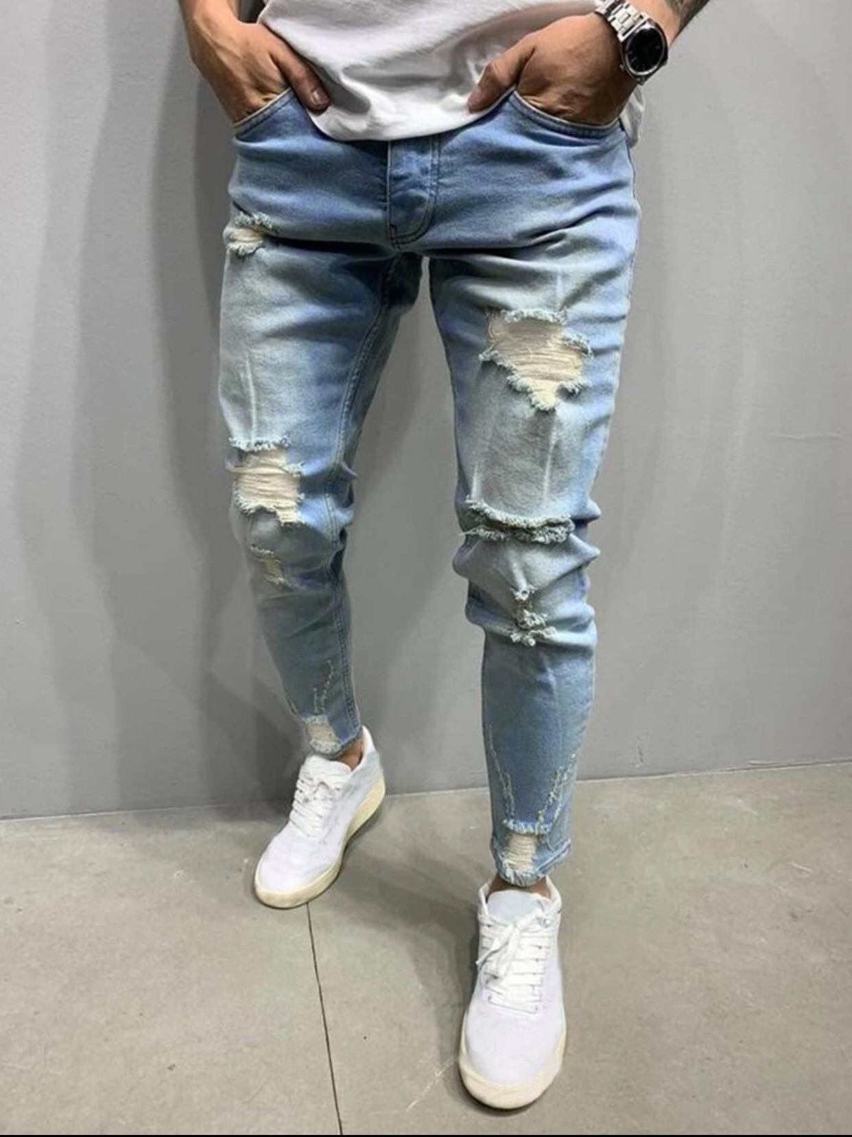 Ripped Bleach Wash Jeans for Men