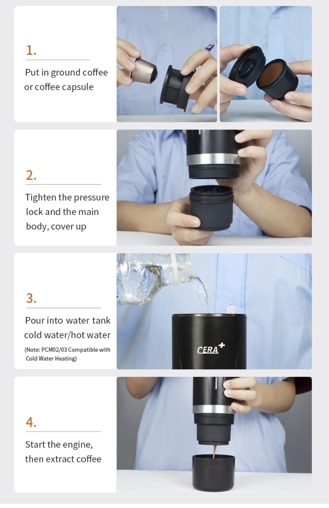 Cera + Portable coffee maker (PCM01)portable 2in1 Espresso machine maker (For Grind coffee and Nespresso Capsule). 