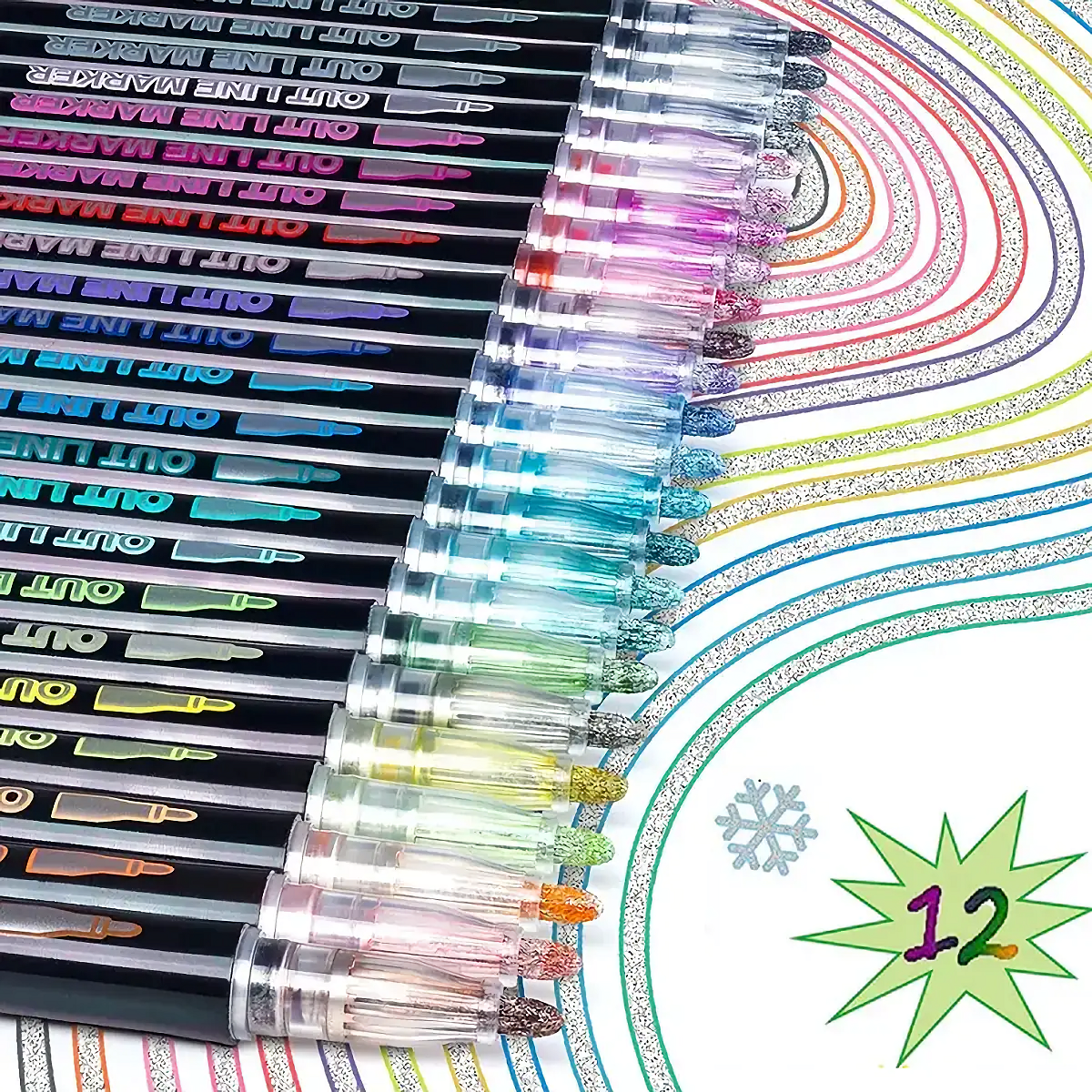 12 Colors double line outline Metallic Highlighter marker pens Super Squiggles Double Line Pen Magic Glitter Drawing Pens