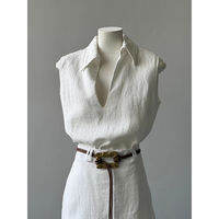GUWEIROU | High-Grade Collarless White Deep V Neck Sleeveless Linen Shirt