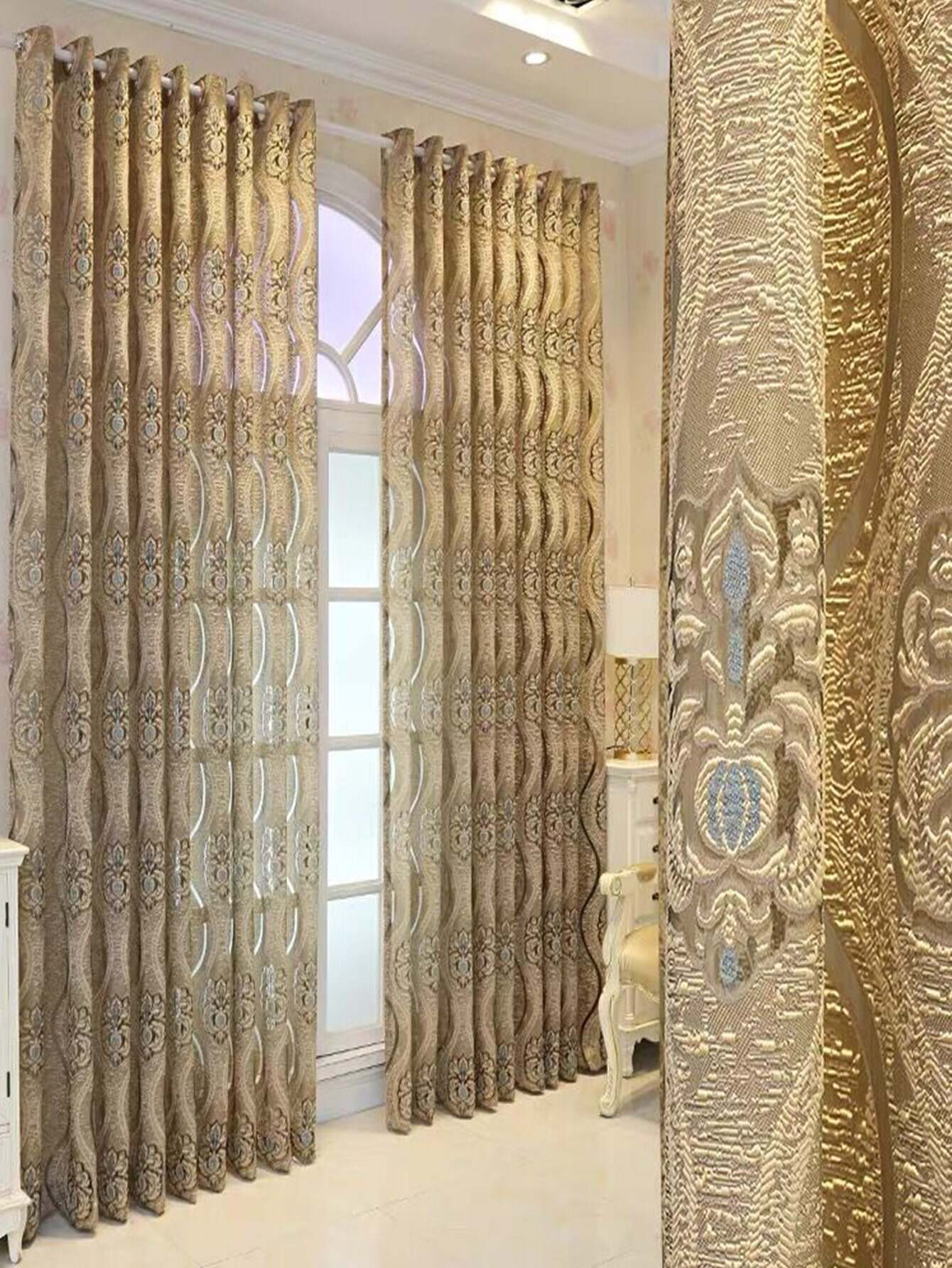 European Curry Eight Wave Perforated Curtains Living Room Bedroom
