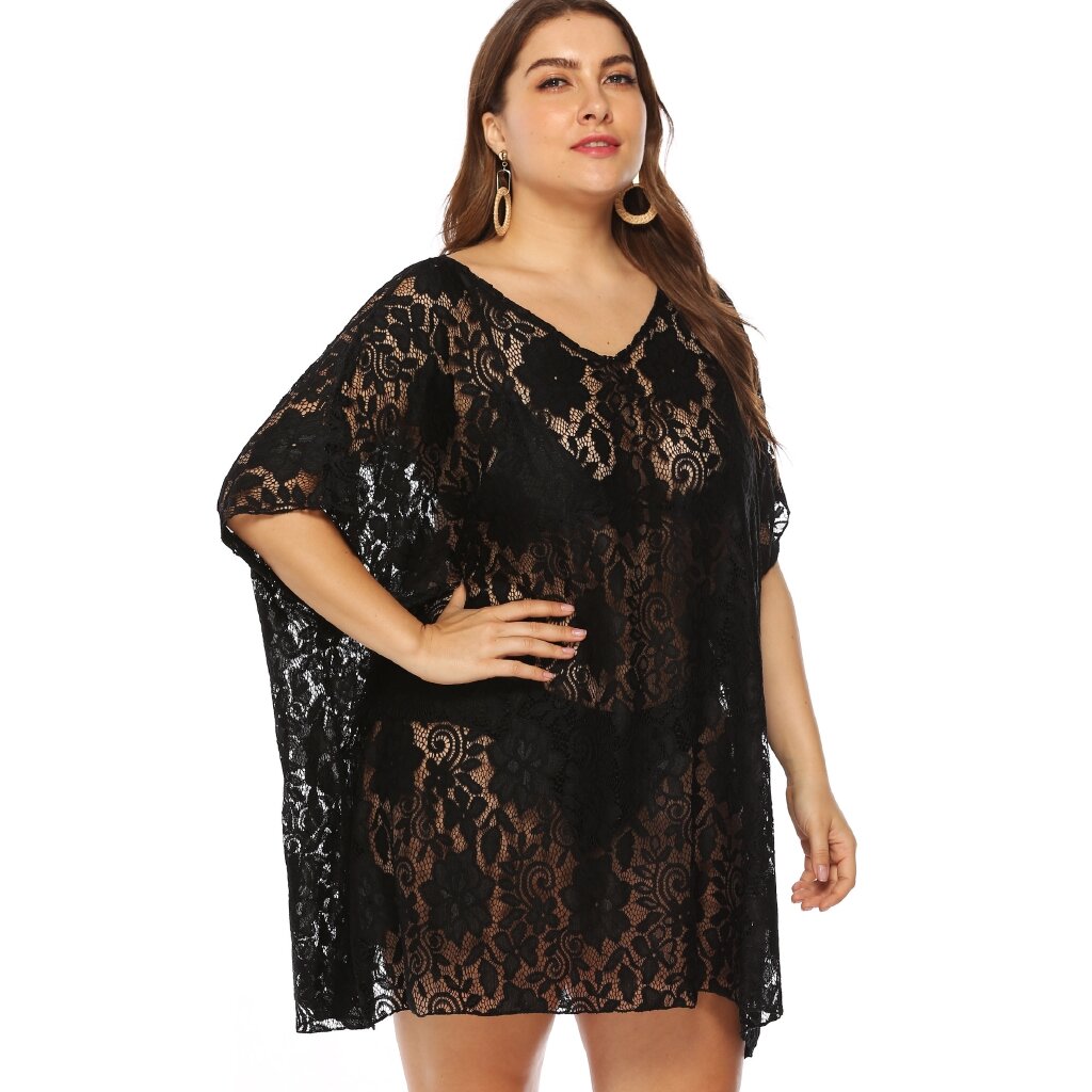 BATWING PLUS SIZE FLORAL DESIGN LACE SWIMSUIT COVER UP | Lazada PH