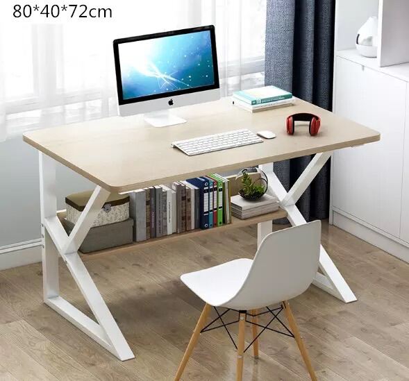 Computer study table in brown or white wooden with metal legs with shelf under