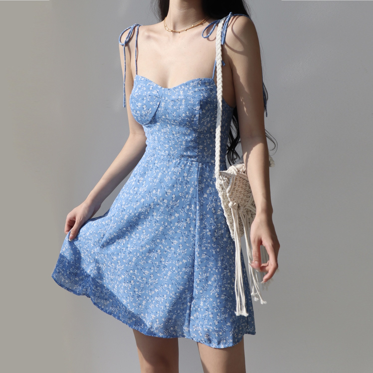 French retro floral suspender dresses Waist slimming A-line holiday dress for women