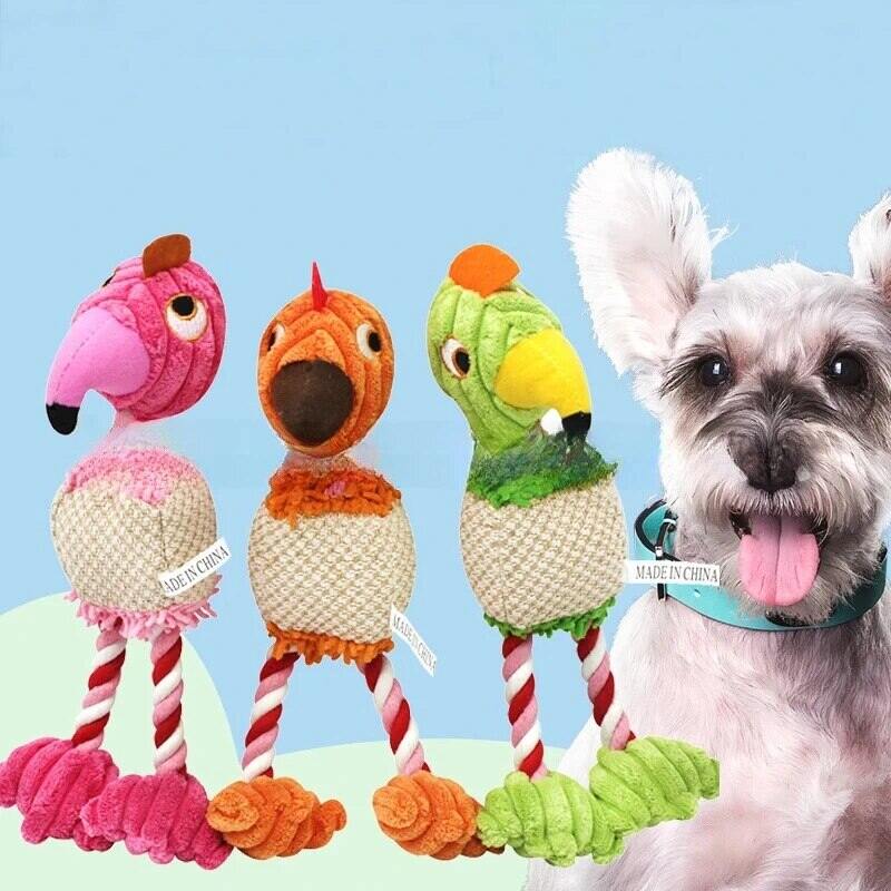 Parrot Shape Plush Dog Toys Lovely Bright Color Flamingo Bite Resistant Teeth Grinding and Sound Producing Pet Chew Squeaky Toy. 