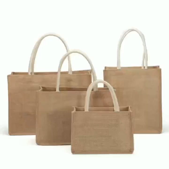 Natural Linen Reusable Jute Bag Burlap Tote Bags Eco Friendly with Soft Cotton Handle AT